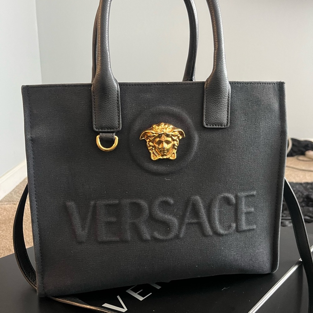 Versace Black Tote with Gold Medusa Accent